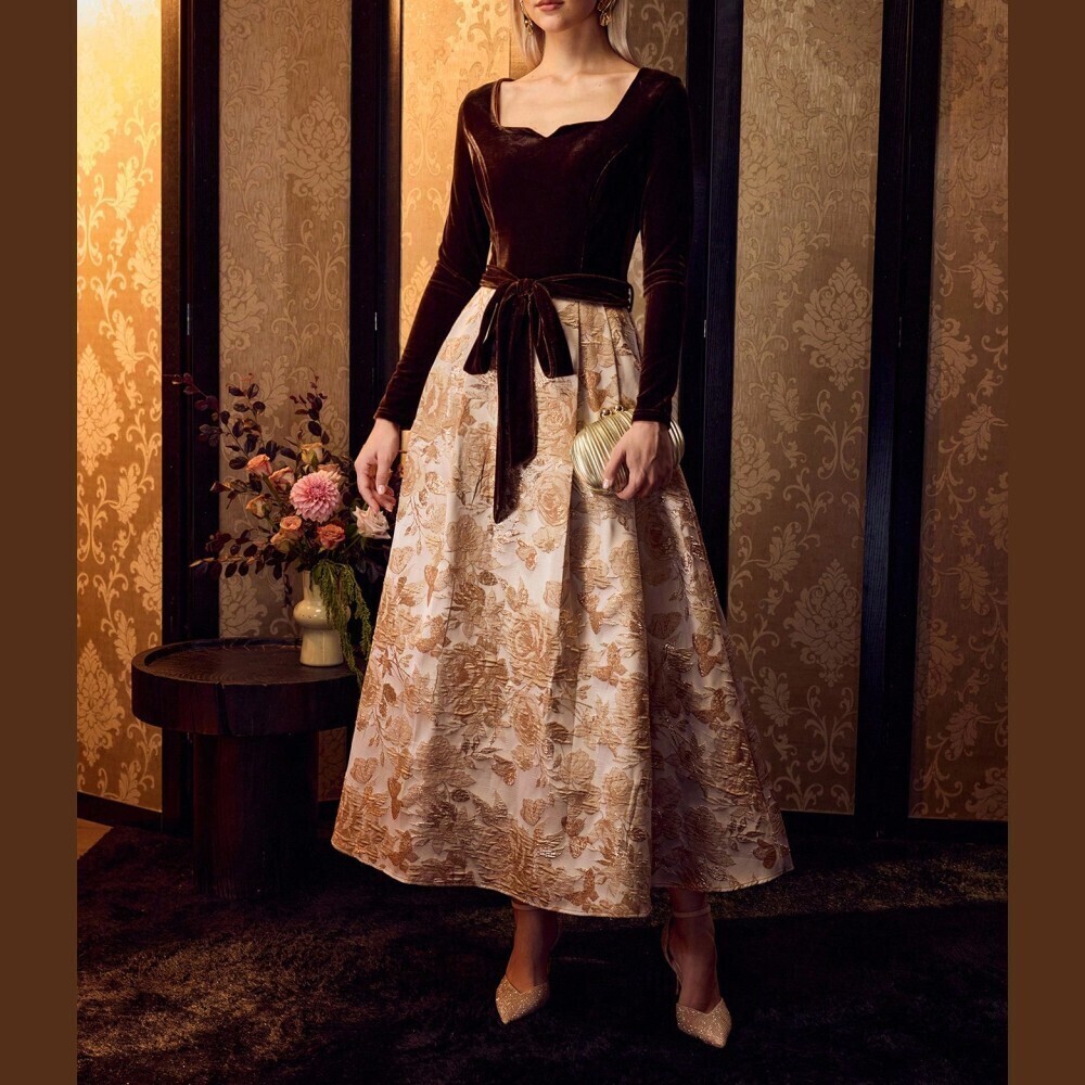 Brown Velvet Bodice Gold Floral Jacquard Belted Long Dress